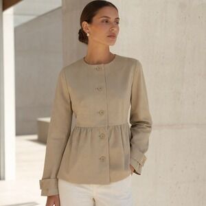 VTG Y2K Body By Victoria Trench Jacket 8 Beige Peplum Collarless Coat 218915